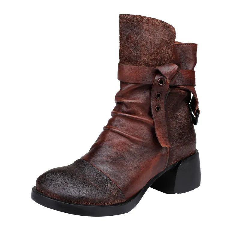 Women's retro chunky heel ankle boots genuine leather round toe solid colour black and brown sizes 35 to 40