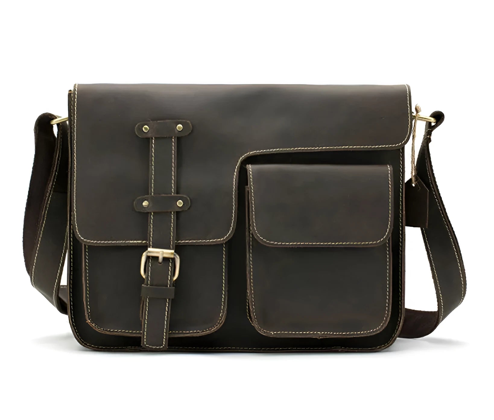 Brown full-grain leather vintage messenger bag with brass hardware, showing front flap and adjustable crossbody strap.