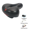 Bicycle saddle cushion with soft silicone top, polyurethane foam, steel frame, and included waterproof cover and tools.