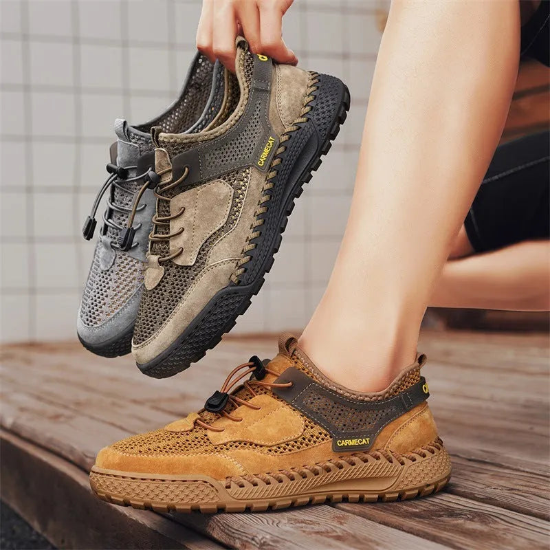 Men's brown suede tennis shoes with elastic band closure and hand-stitched rubber soles