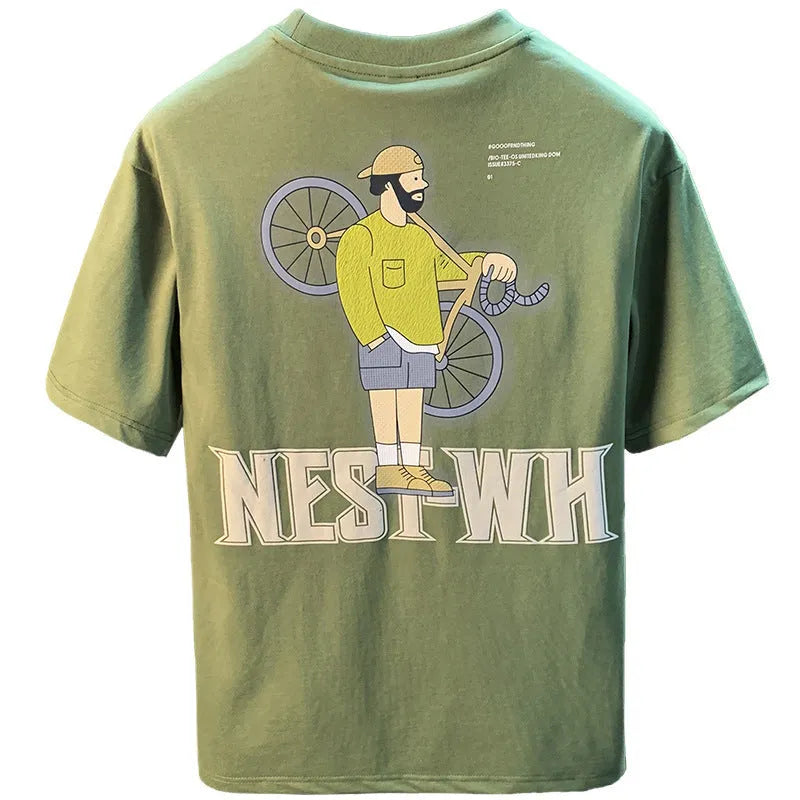 Green loose-fit men's short sleeve T-shirt with a printed design on the front.