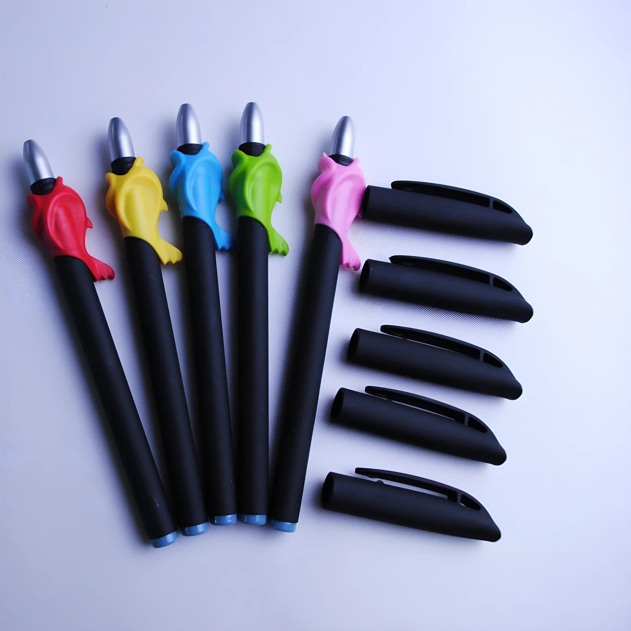 Set of eight blue ink pen refills with 0.5mm tips, a spare pole, and a plastic pen holder.