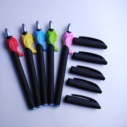 Set of eight blue ink pen refills with 0.5mm tips, a spare pole, and a plastic pen holder.