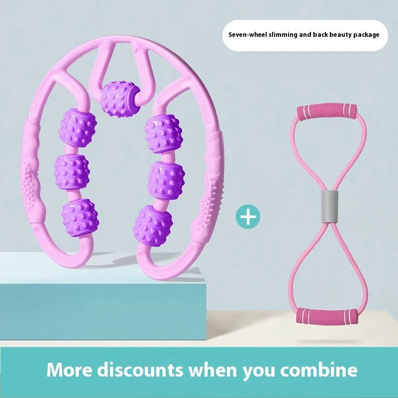 A handheld leg massage roller clip with multiple wheels, shown in a pink colour option.