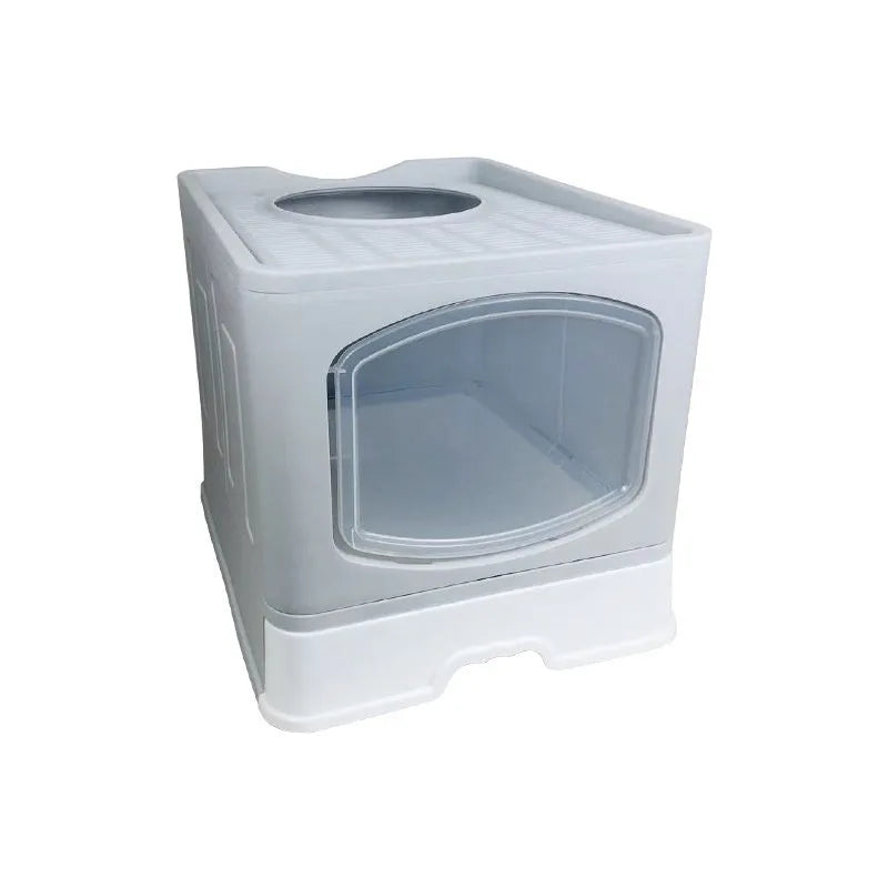 Folding enclosed cat litter box in ABS and PP, 51 x 41 x 44 cm, available in blue, pink, or grey.