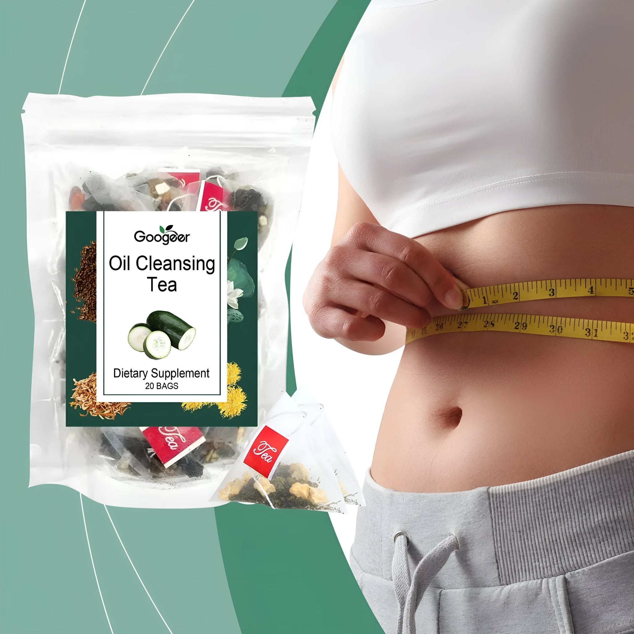 Googeer oil cleansing herbal tea body treatment box with 20 individual tea bags.