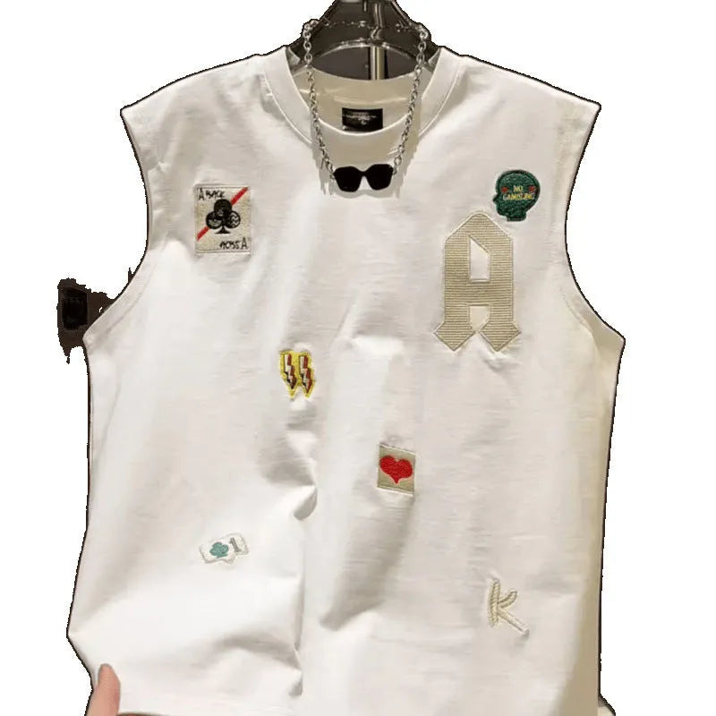 Men's black cotton sleeveless vest t-shirt featuring a cartoon graphic print.
