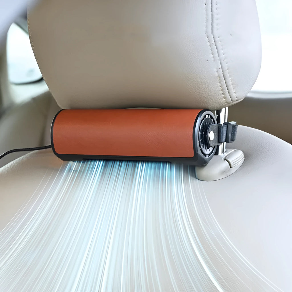 USB plug cable for black car mounted rear seat fan with 1.5 metre cord on a vehicle seat.