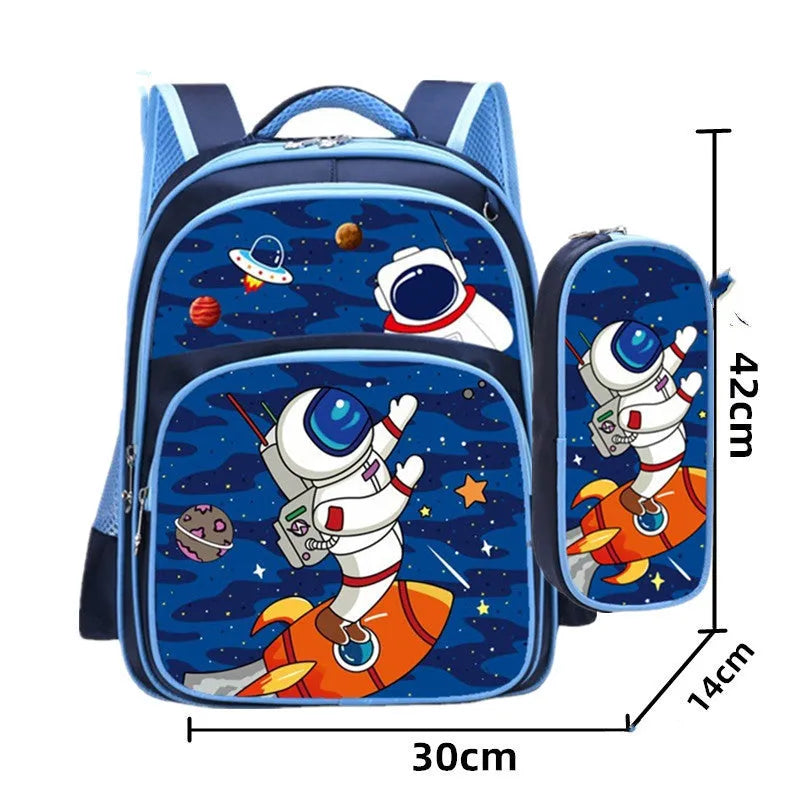 Cartoon anime print children's school backpack in blue colours with pencil case.
