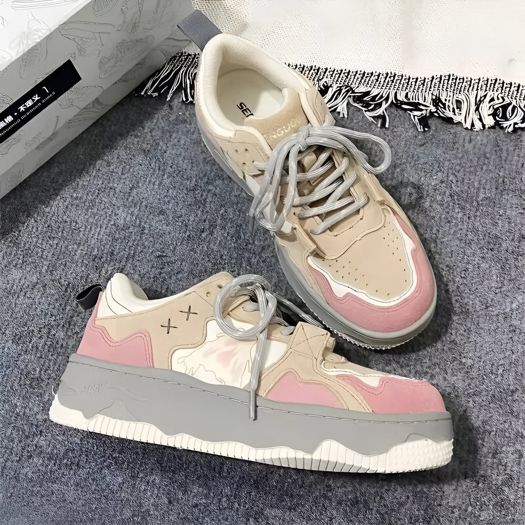 Pink retro student sneakers for women with rubber sole and artificial PU upper, sizes 35 to 40