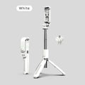 Black and white Bluetooth selfie stick with wireless remote, shown extended and with tripod base.