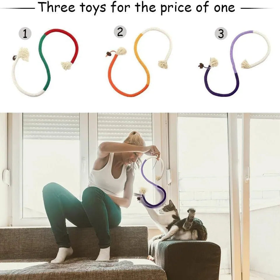 Bite-resistant cat teaser toy with 70cm cotton string in three colour combinations