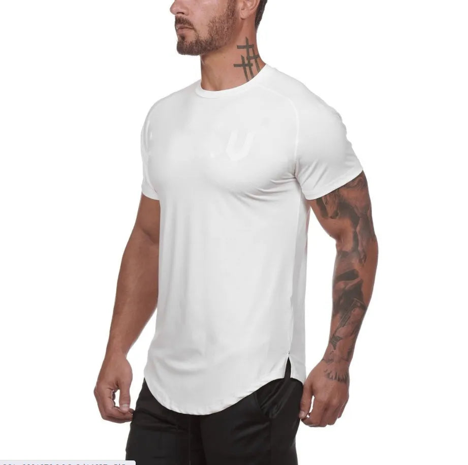 Plain men's fitness shirt in army green, made from cotton and spandex blend, shown on a hanger.