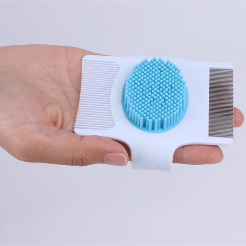 Blue multifunctional pet comb grooming tool showing compact 8.5 cm design with hair removal and massage features