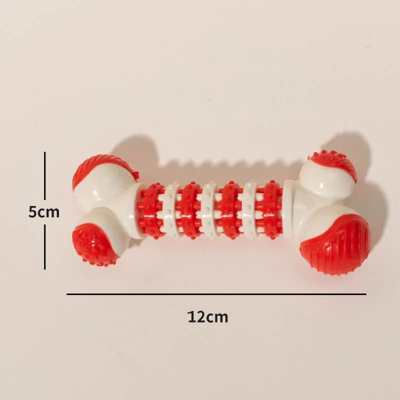 Blue, orange, and red bone-shaped interactive dog chew toy with textured ends and treat compartment.