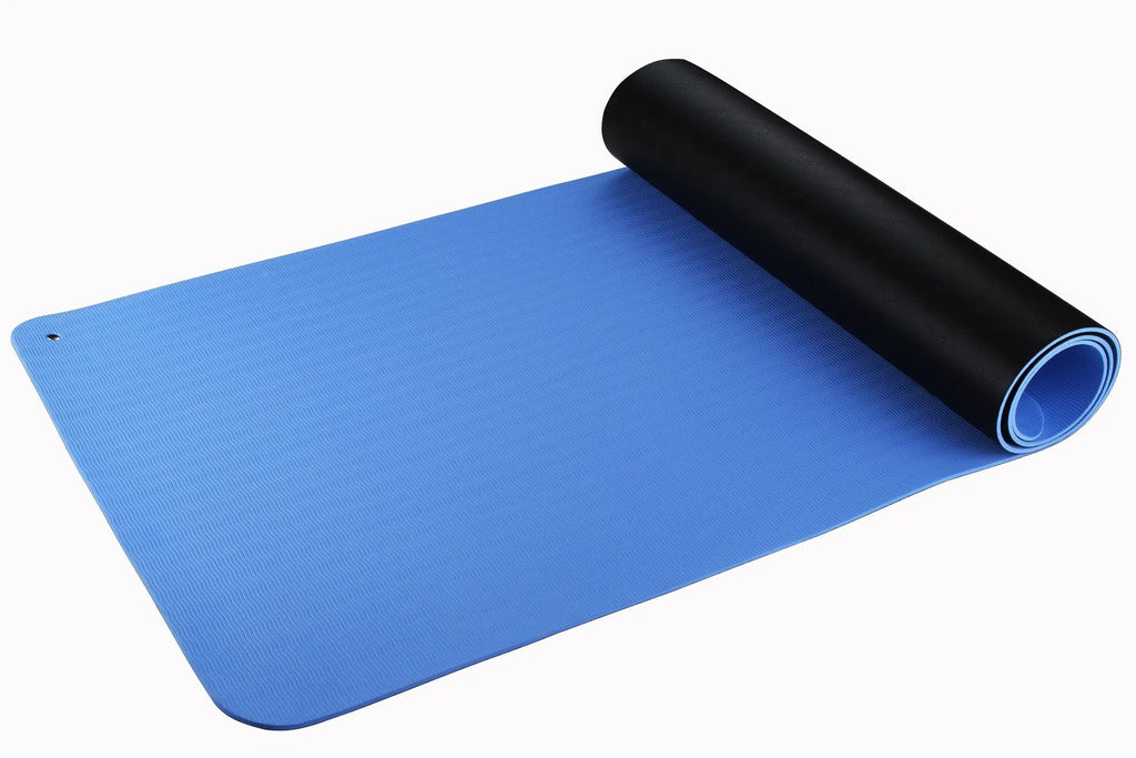 Blue conductive yoga mat with grounding wire and plant pattern, measuring 182x61cm