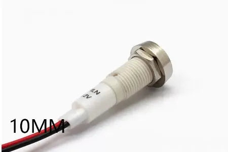 10mm stainless steel edge plastic indicator light with wire, shown in available colours: white, yellow, red, green, blue.