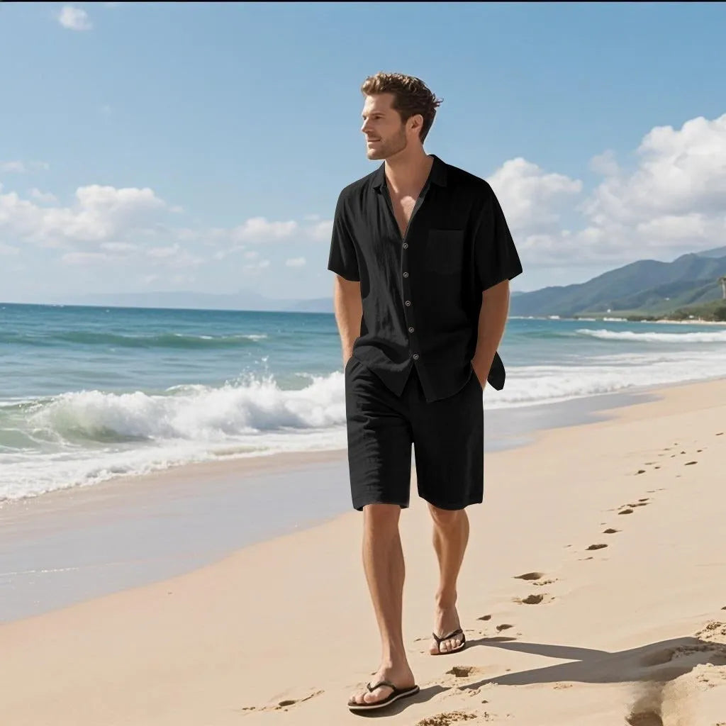 Linen blend short sleeve shirt and shorts casual beach suit set shown in khaki colour.