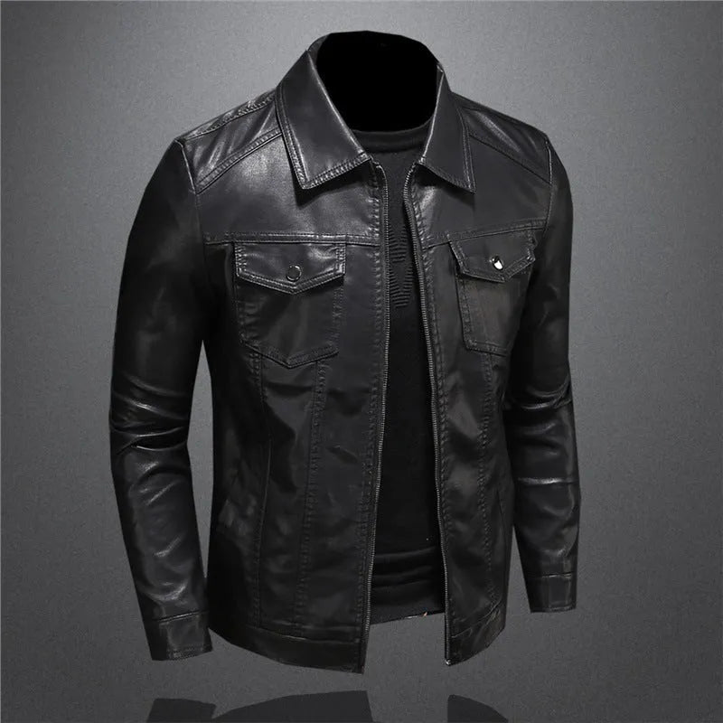 Men's thin artificial leather jacket in Black Plus Velvet with loose fit and straight hem, standing front view