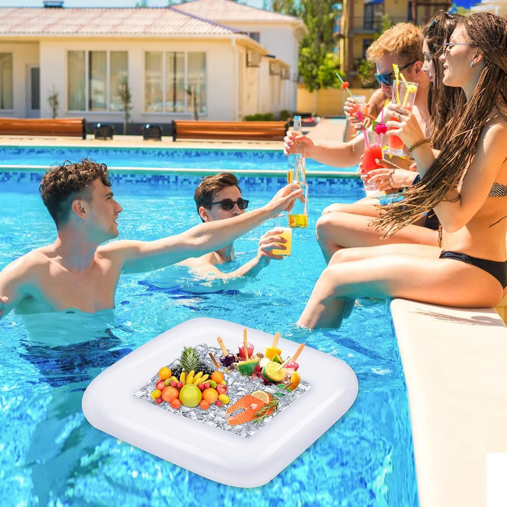 Inflatable PVC ice bar for parties shown in two sizes with optional silver grey cup holder and yellow ice bucket accessories.