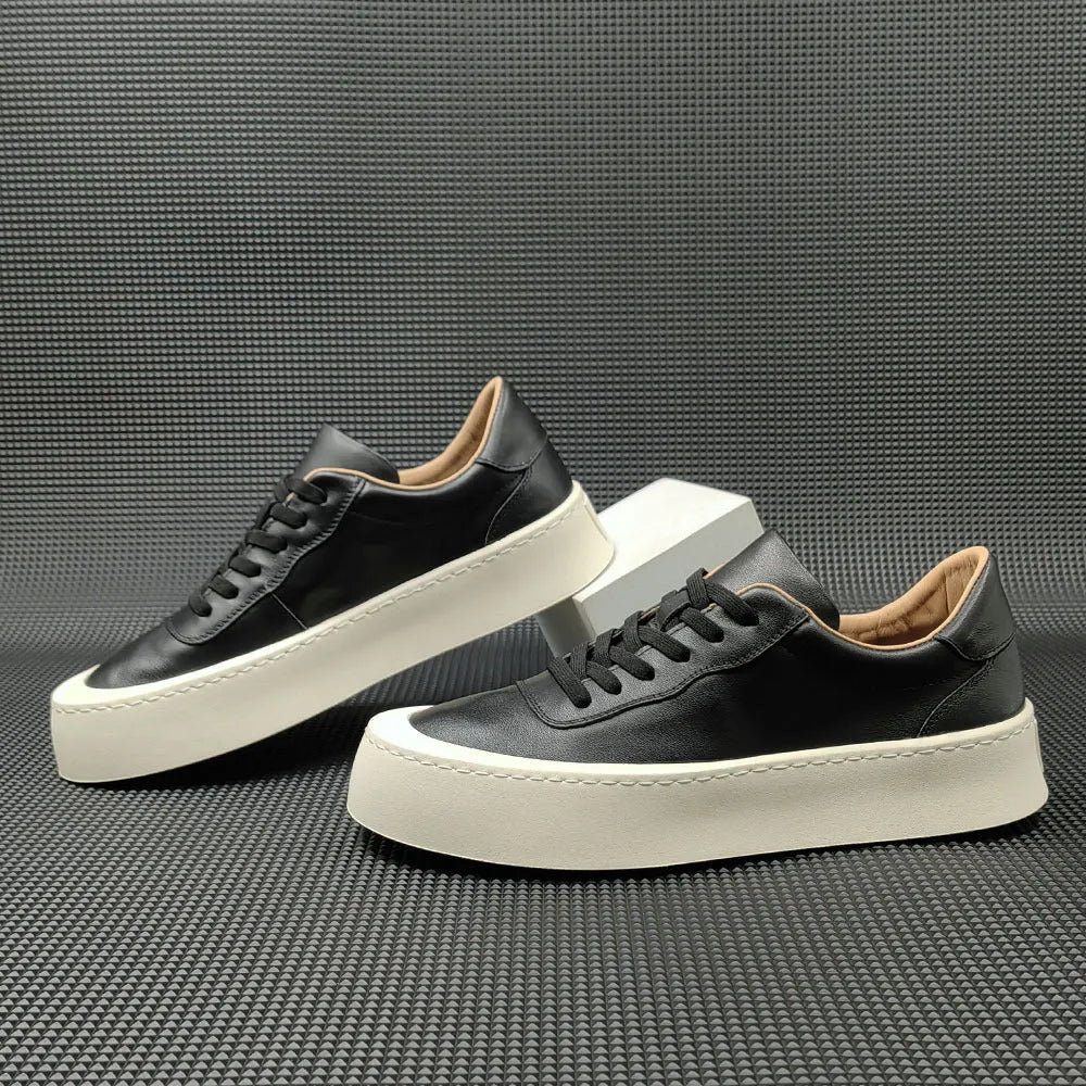 Boys board shoes with cowhide upper and platform rubber sole in black, white, yellow colours
