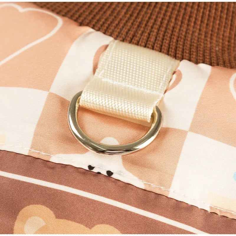 Quilted cotton-padded pet vest with integrated leash ring, retro bear or geometric print, brown or orange