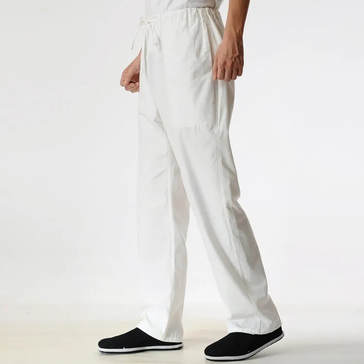 Men's beige pure cotton casual trousers with drawstring waist and belt on a neutral background.