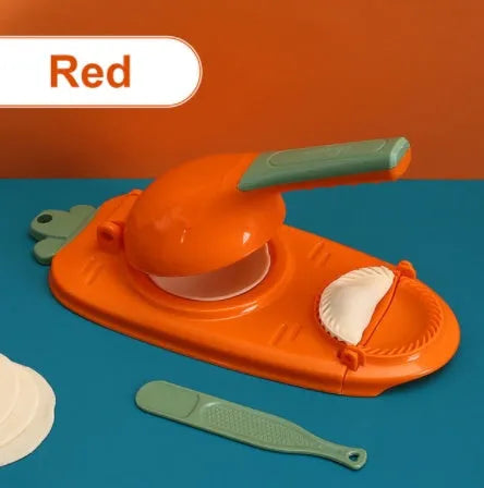 Orange and white manual dumpling skin press tool with ergonomic handle and hanging hole