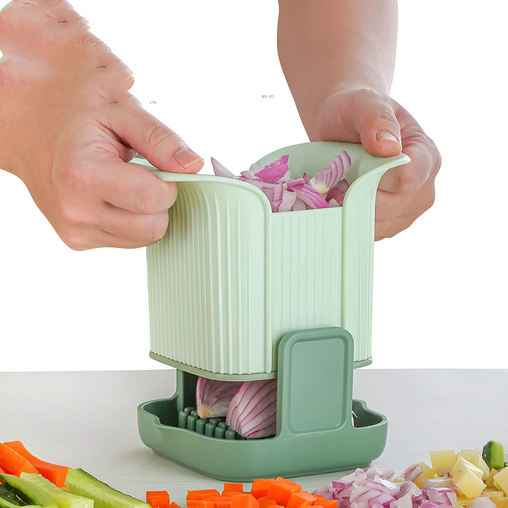 Green manual vegetable chopper with stainless steel blades for onions, potatoes, radishes, cucumbers