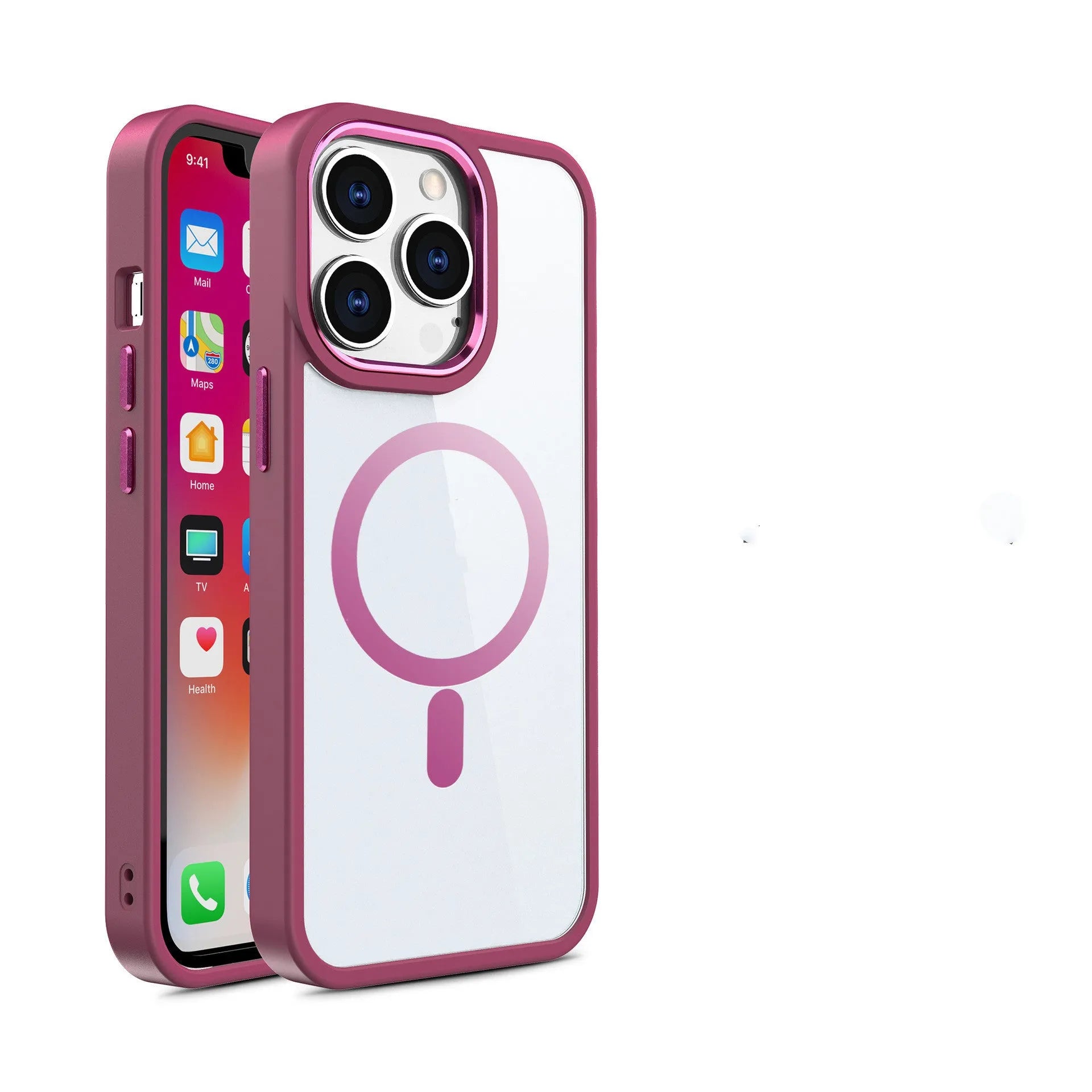 Slim magnetic transparent silicone phone case for iPhone on a MagSafe charger, showing raised edge protection.