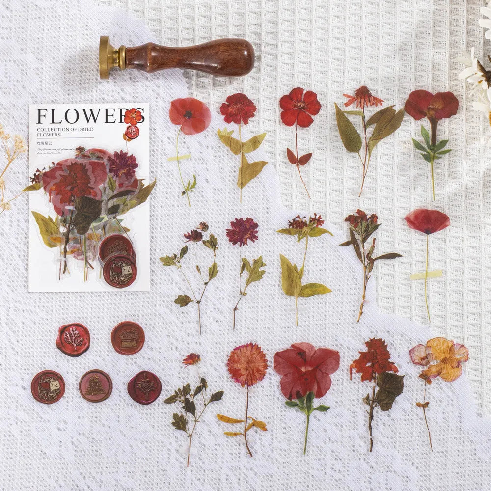 Set of 40 printed PET decorative stickers showing eight artistic styles including dried flowers and leaf specimens.