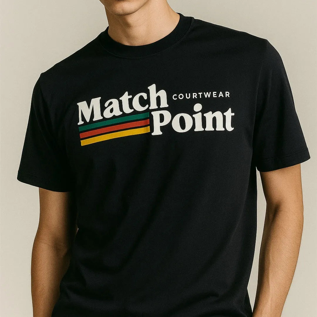 Black men's t-shirt with white 3D digital printed text pattern on the front, showing round neck and short sleeves.