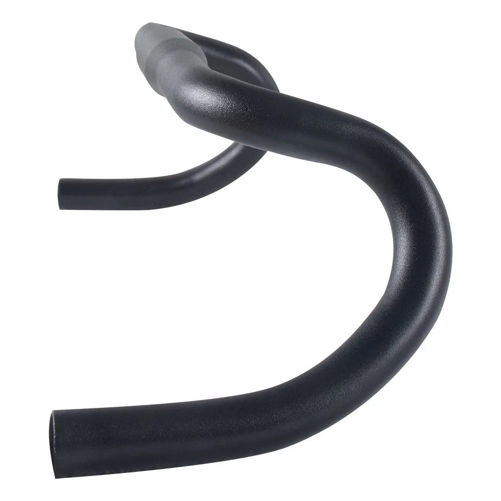 Black aluminium road bike bent handlebar showing 420mm width and 31.8mm clamp diameter