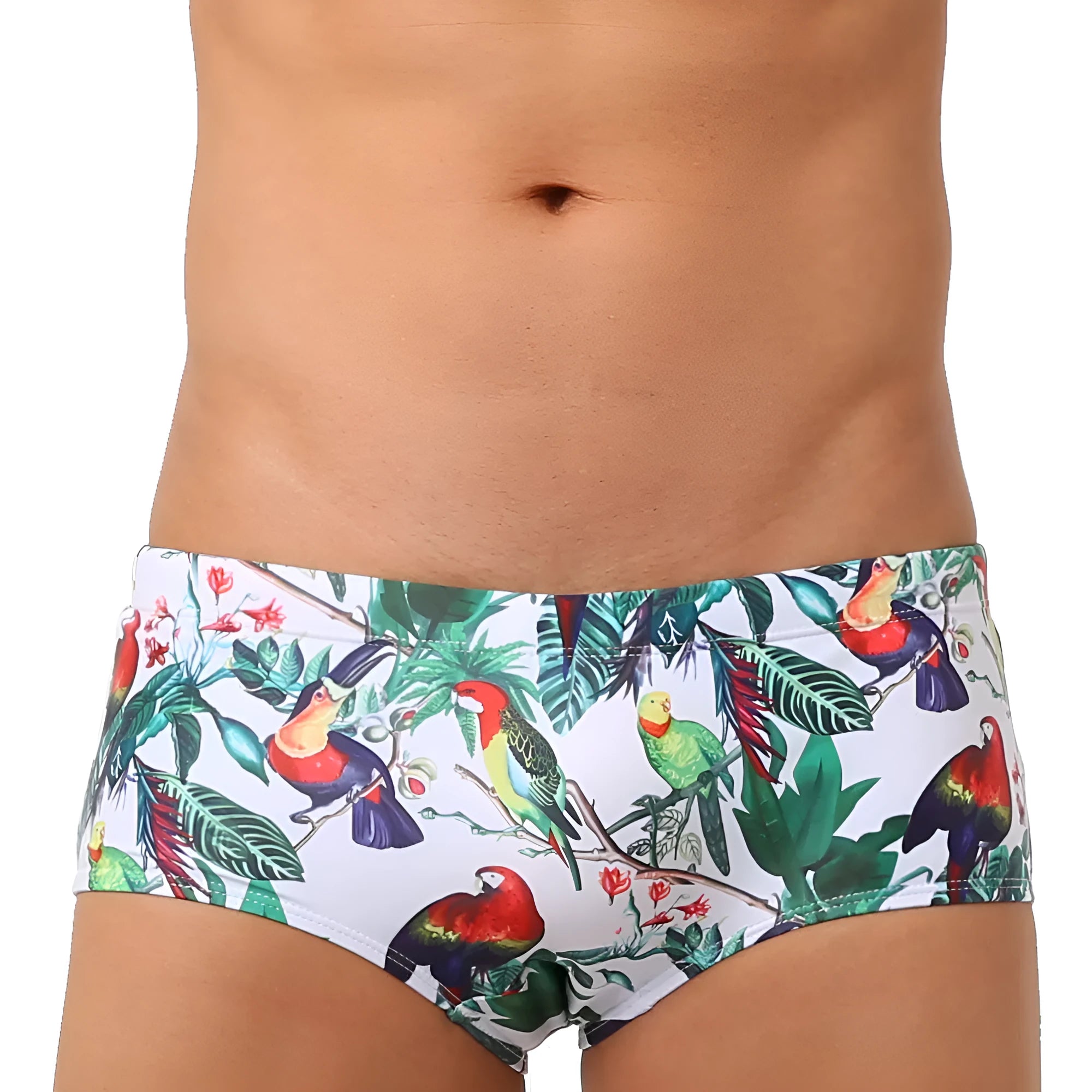 Men's blue swimming trunks with a detailed floral and bird print pattern, small boxer style