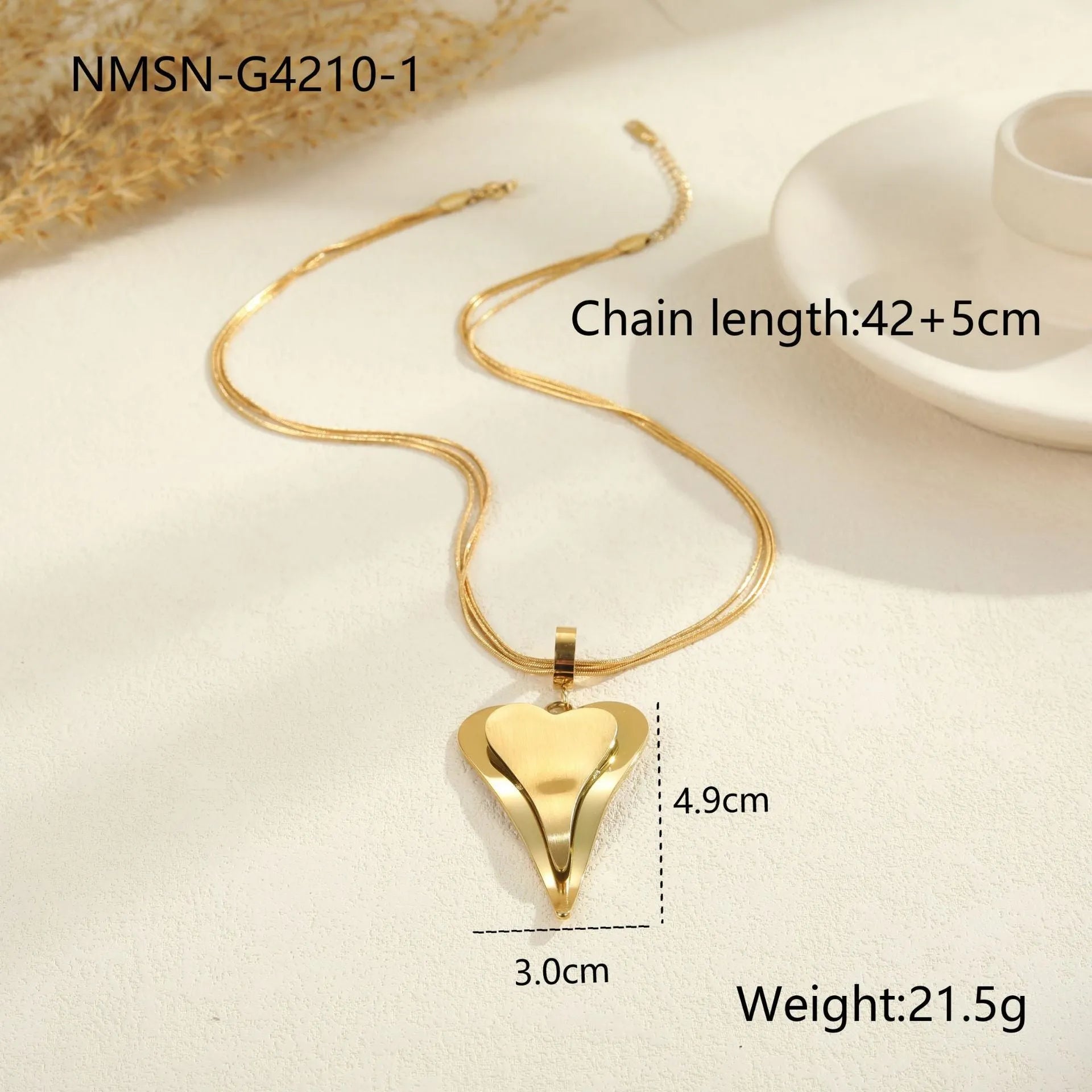 Double heart snake bones chain necklace with geometric pendant in stainless steel with 18K electroplated finish