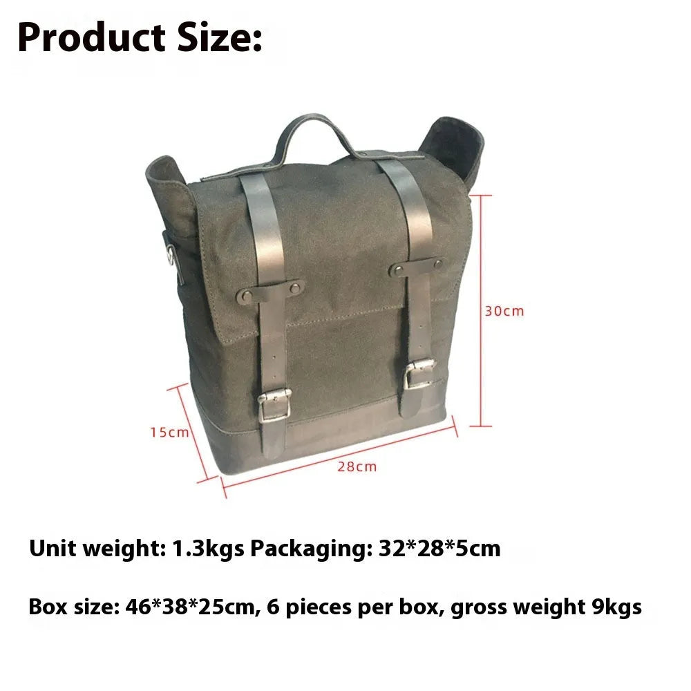 Black waterproof canvas motorcycle side bag with dimensions 300x280x150mm mounted on motorcycle