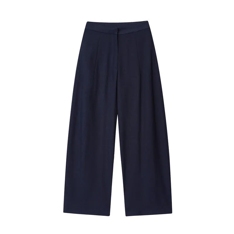 Women's off-neck linen-style shirt and wide-leg trousers set in a coordinated colour.