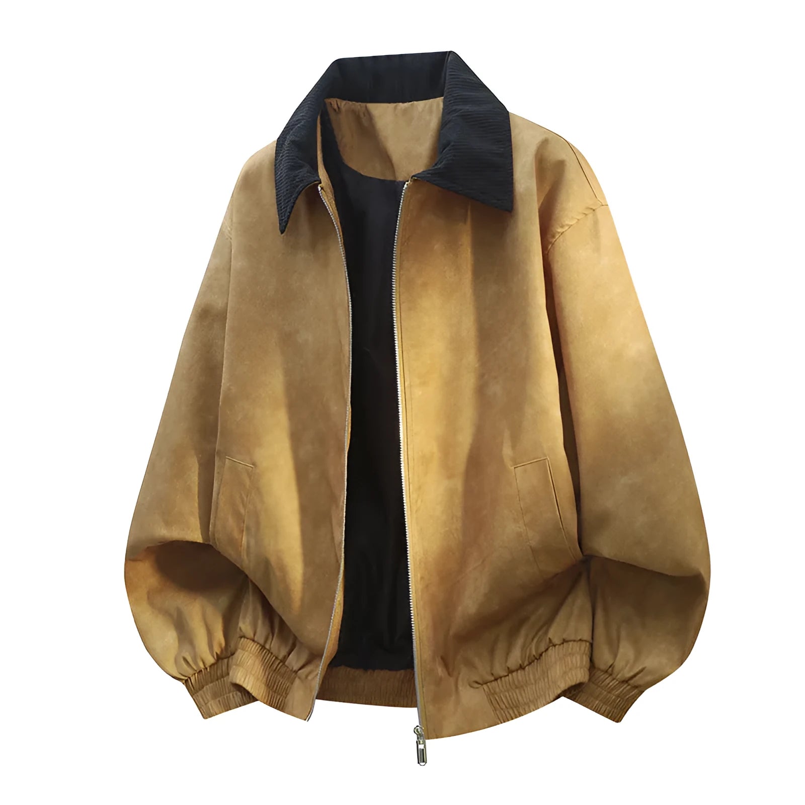 Men's casual jacket with stitching lapel detail in black, shown with straight hem and side seam pockets.