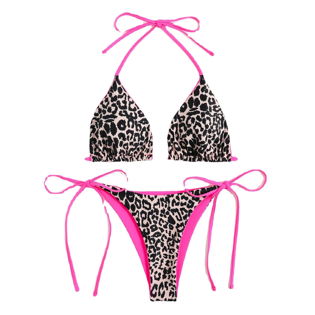 Women's lace-up triangle bikini top with matching split-leg bottoms in polyester fabric