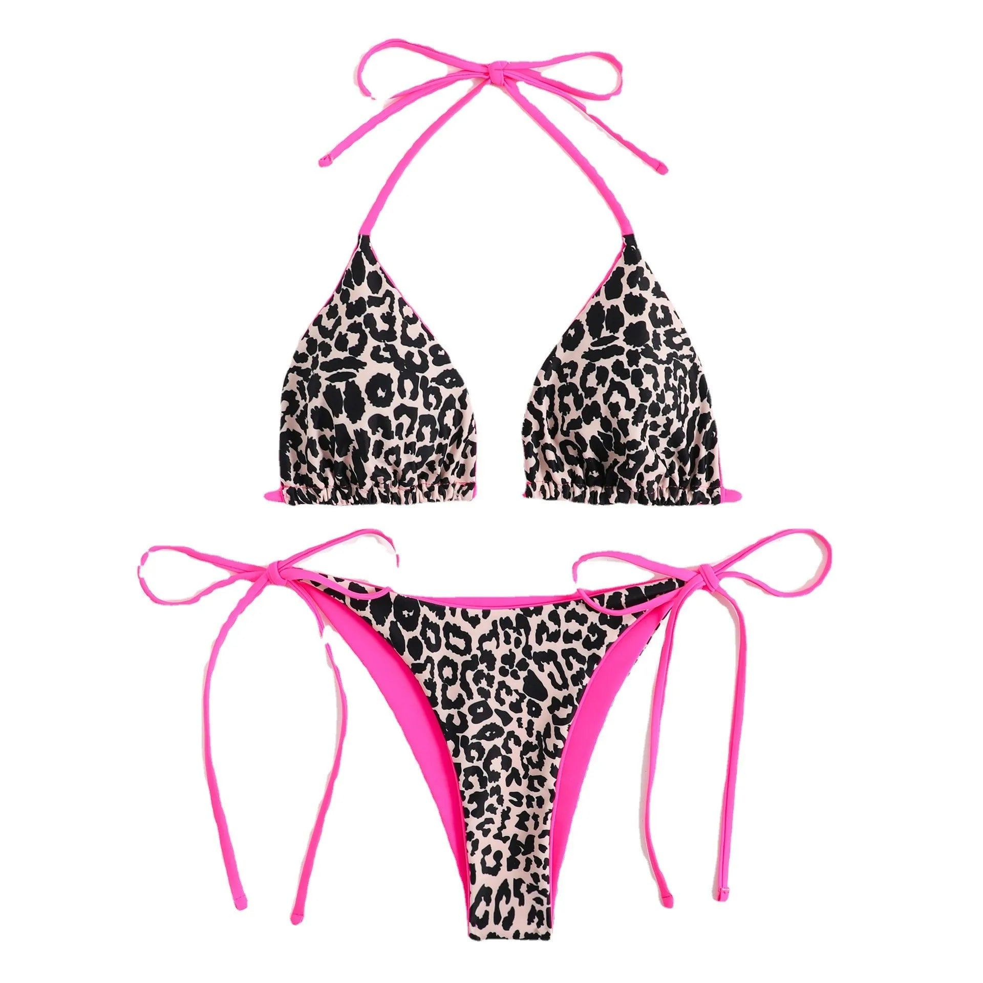 Women's lace-up triangle bikini top with matching split-leg bottoms in polyester fabric