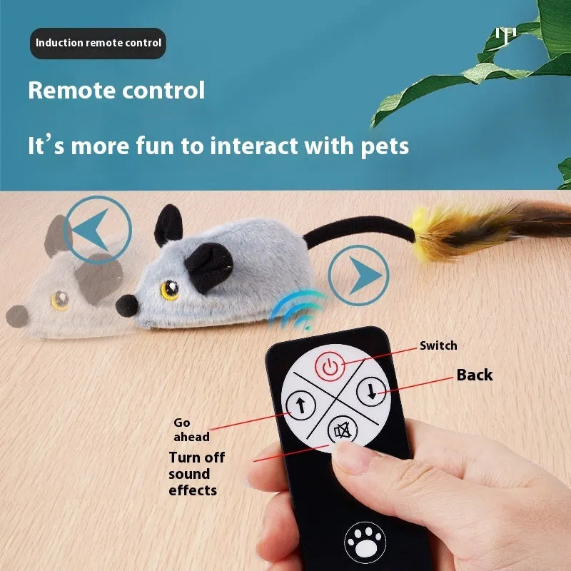 Plush mouse cat toy with remote control on grey carpet, showing rhubarb and yellow colour options