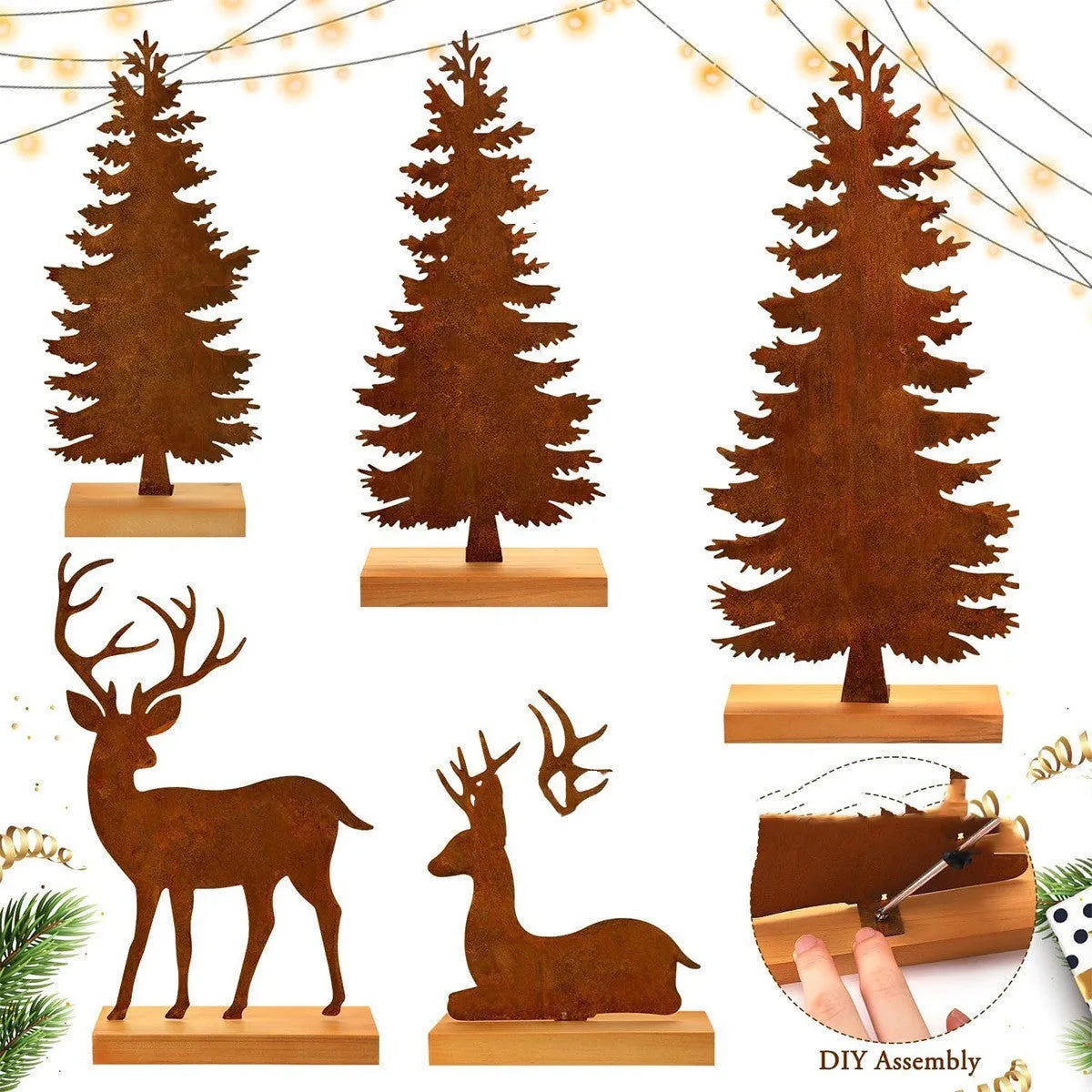Three metal rusty Christmas tree elk decorations with American style iron construction