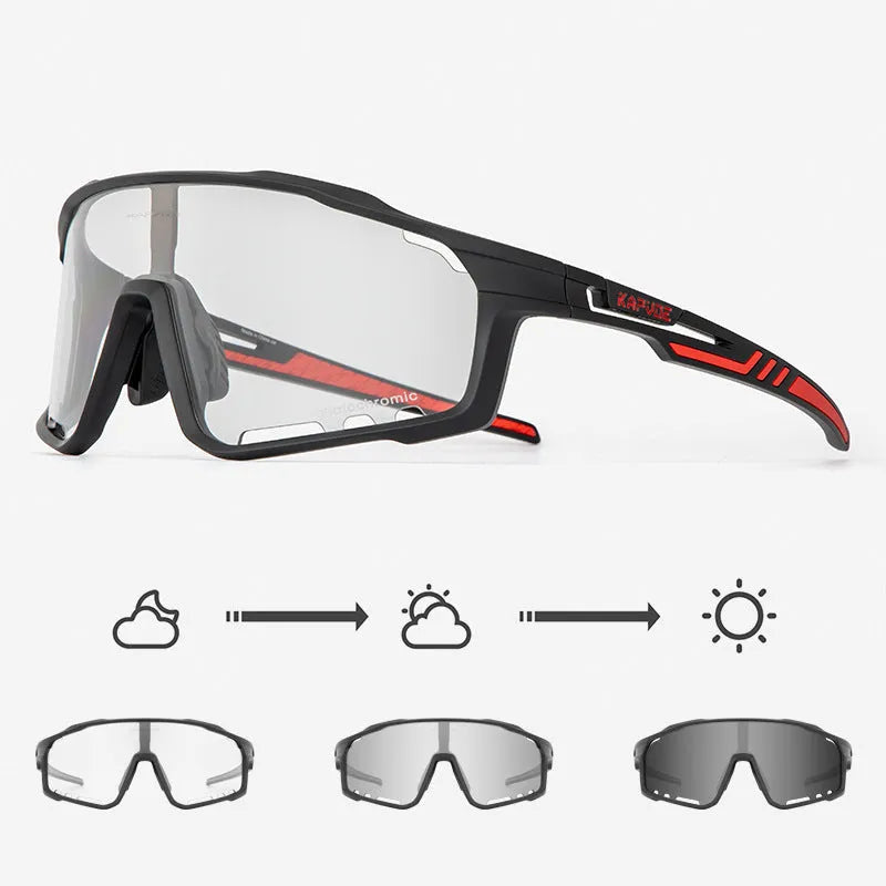 Photochromic cycling sunglasses with semi-rimless TR90 frame on a bicycle helmet.