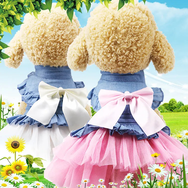 Creative Bow Pet Denim Skirt, Korean style, white yarn option with bow detail on denim fabric