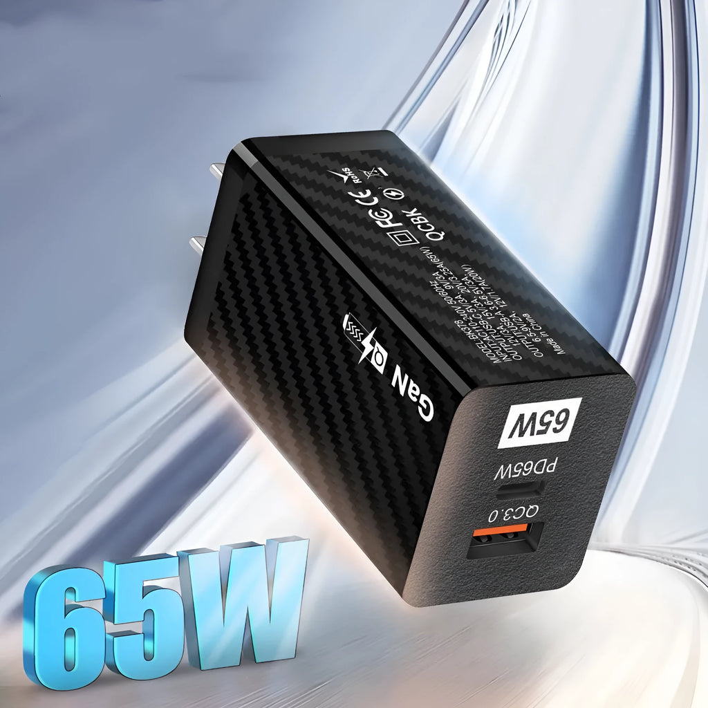 65W Gallium Nitride universal laptop charger in white with USB-C port and compact design