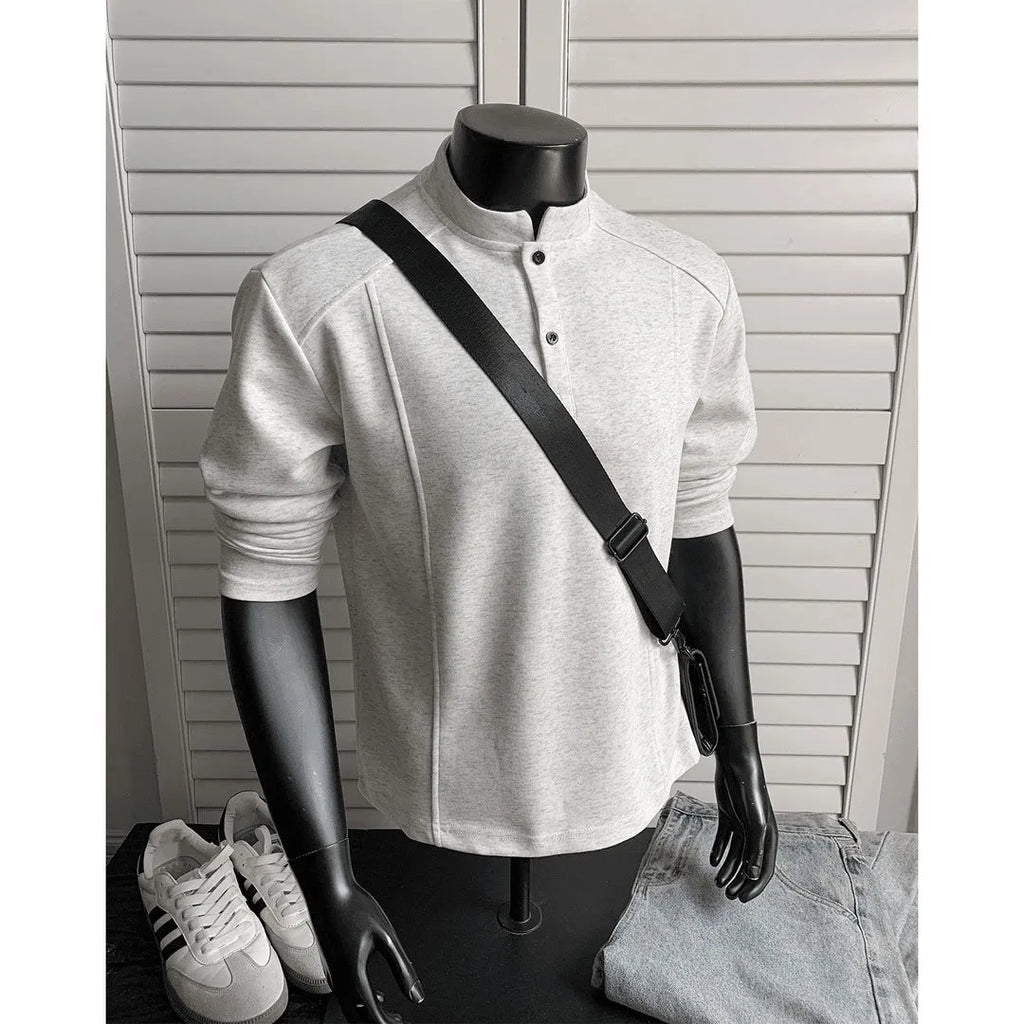 Men's loose-fit polo shirt with an asymmetric patchwork stand-up collar in heather grey