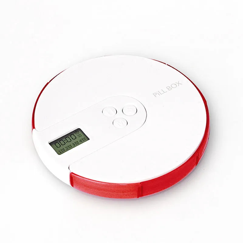 Seven-compartment electronic pill organiser with digital display, shown in blue, measuring 11cm square.
