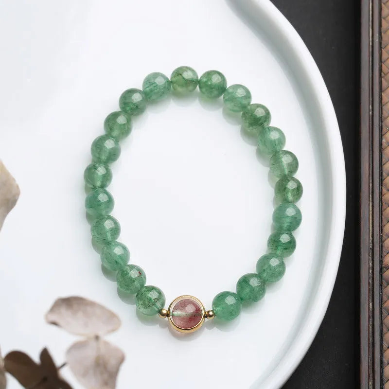 Green strawberry quartz single circle ball bracelet with 7.5mm beads and geometric Chinese style design