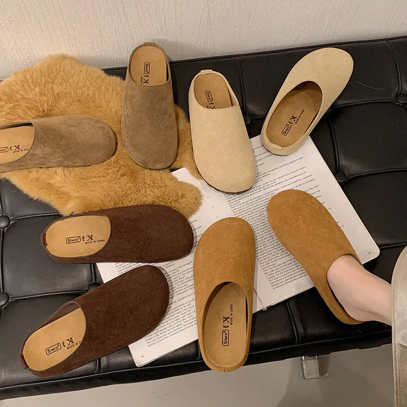 Korean style square head outdoor slippers in apricot, khaki, camel, and brown colours