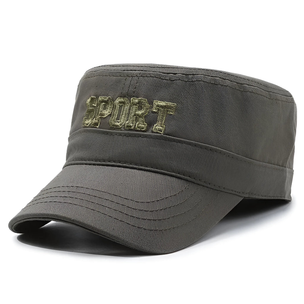 Men's flat-top peaked cap in cotton on adjustable strap, shown in army green colour.